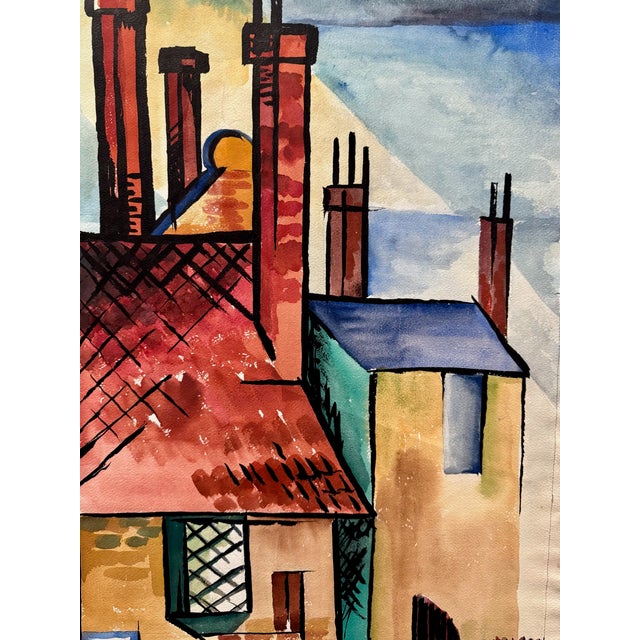 Rustic Henry Emil Salloch Original Watercolor on Paper Abstract Geometric Architectural Study, 1963. For Sale - Image 3 of 7