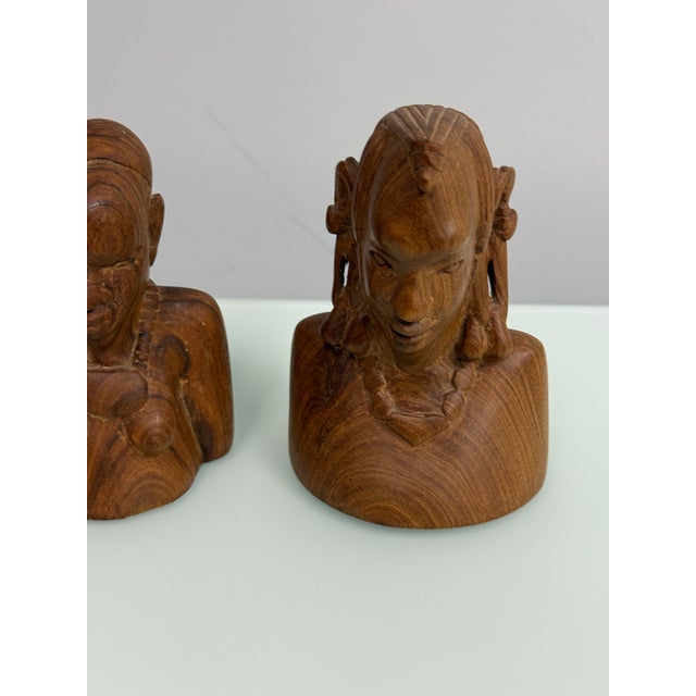 Wood Vintage Maasai Hand-Carved Wood Bust Sculptures, Pair For Sale - Image 7 of 12