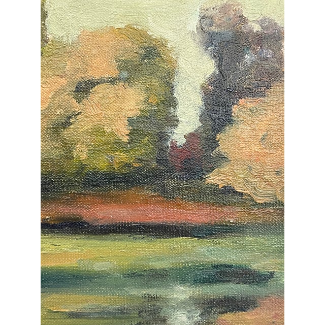 1970s Signed Landscape Painting of Pond With Autumn Trees in Wood Frame. For Sale - Image 10 of 10