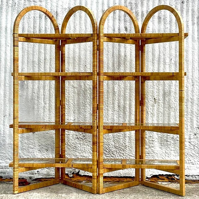 Khaki Vintage Coastal Arched Folding Rattan Etagere For Sale - Image 8 of 8