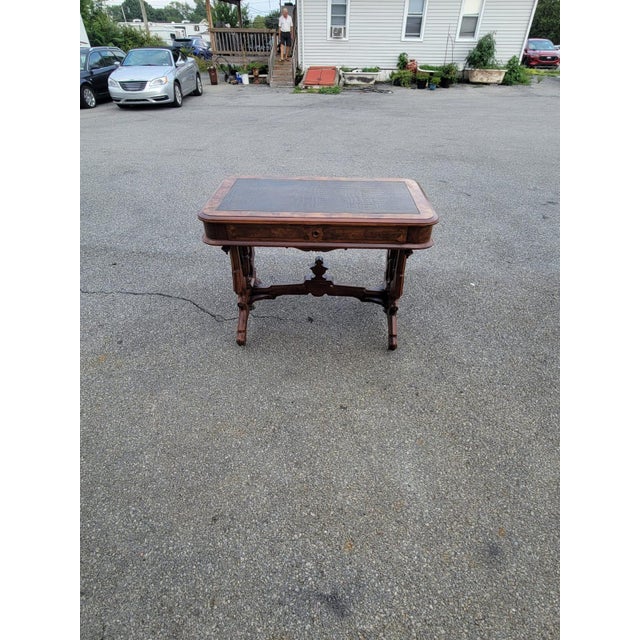 19th Century 19th Century Victorian Walnut Renaissance Revival New Leather Table For Sale - Image 5 of 9