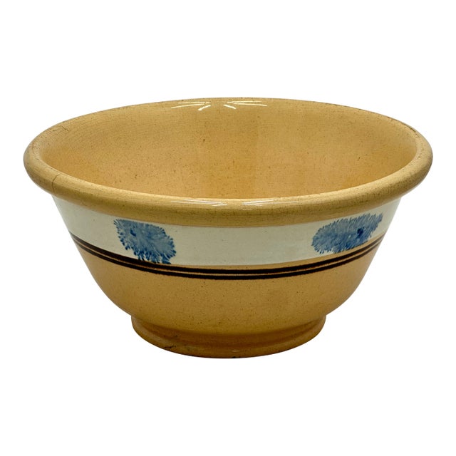 Nice Antique English Blue Seaweed Decorated & Banded Yellow Ware Kitchen Mixing Bowl - Circa Mid 19th Century For Sale