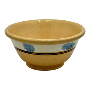 Nice Antique English Blue Seaweed Decorated & Banded Yellow Ware Kitchen Mixing Bowl - Circa Mid 19th Century