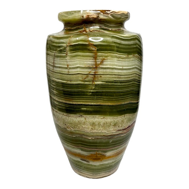 Vintage Green Banded Onyx Calcite Stone Vase, 8" For Sale