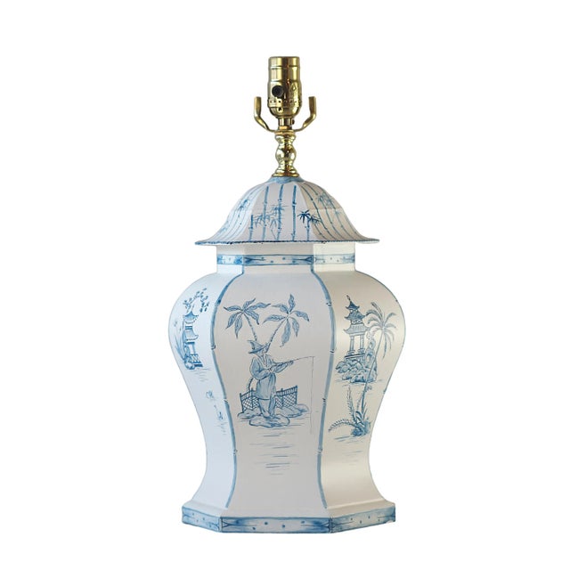 Early 21st Century Pair Vintage Chinoiserie 6 Sided Blue and White Painted Tole Temple Jar Lamp For Sale - Image 5 of 8
