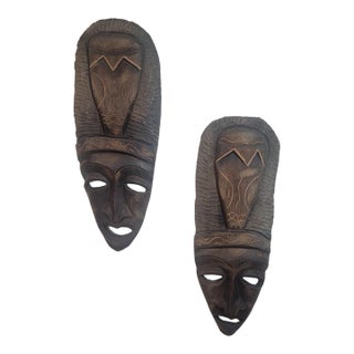 Pair of Hand Carved Wooden Tribal Face Mask Folk Art For Sale