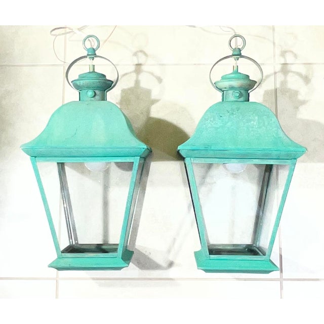 Metal Pair of Solid Brass Vintage Ceiling Lantern 19” X 9”.5 X 9”.5 For Sale - Image 7 of 14