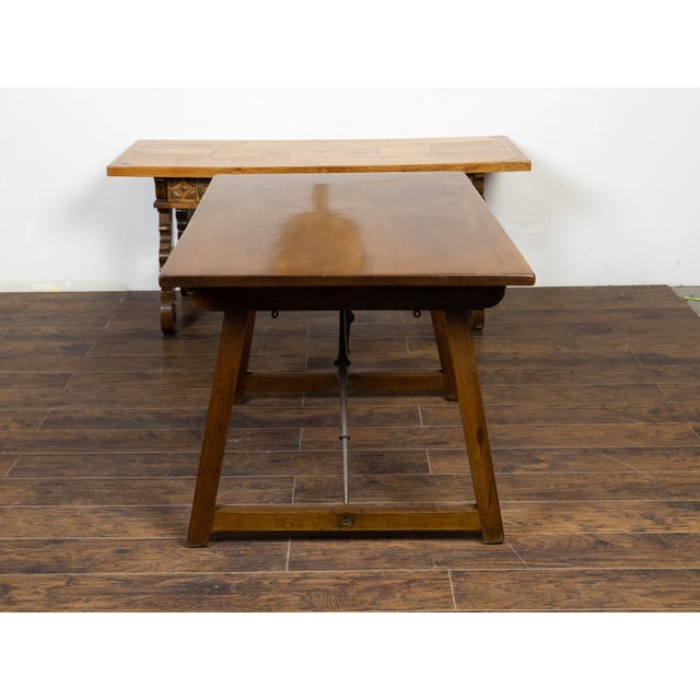 French 19th Century Walnut Console Table with Trestle Base and Iron Stretchers For Sale - Image 9 of 12