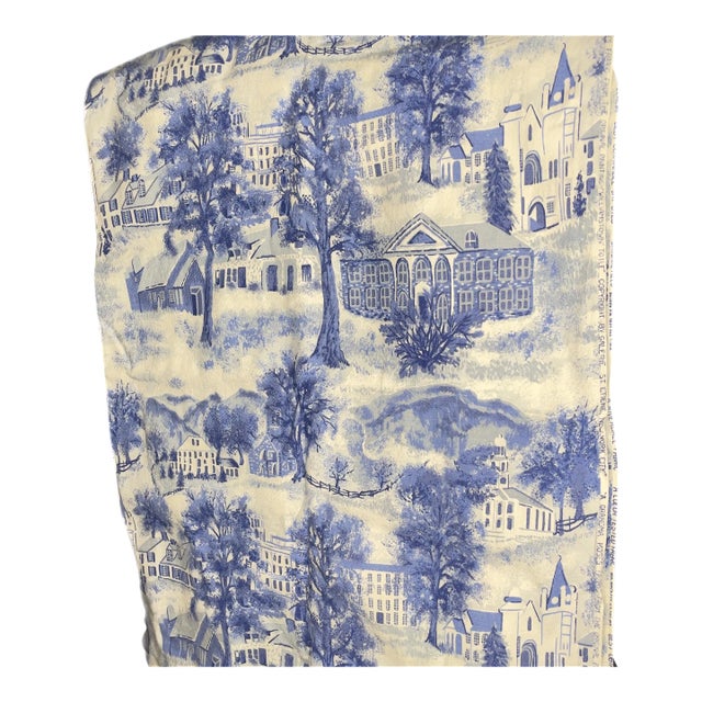 1950s Grandma Moses “Williamstown” Blue and White Toile Barkcloth Fabric- 3.5 Yards For Sale