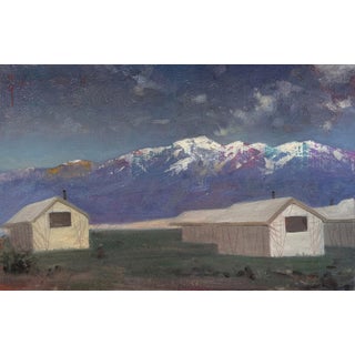 Sangre de Cristo Mountains by Diego Glazer | Oil on Board Landscape with mountains and buildings For Sale