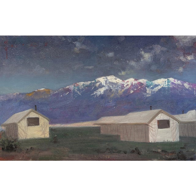 Sangre de Cristo Mountains by Diego Glazer | Oil on Board Landscape with mountains and buildings For Sale