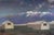Sangre de Cristo Mountains by Diego Glazer | Oil on Board Landscape with mountains and buildings For Sale