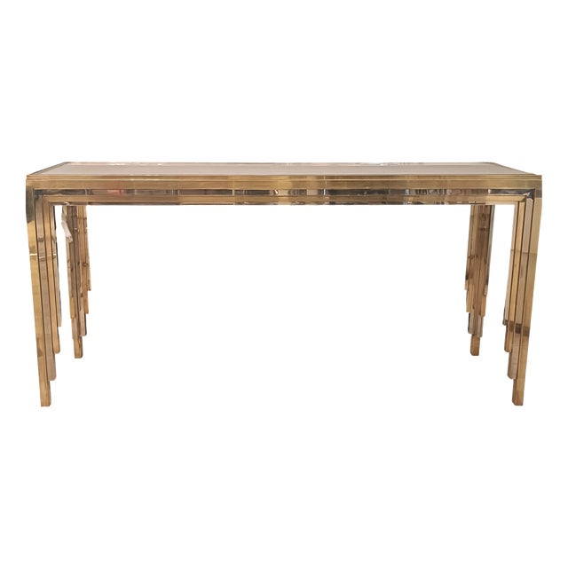 Brass and Chrome Console Table with Backlit Glass Top, Italy, 1970s For Sale