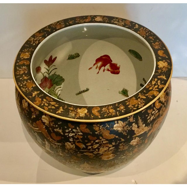 Large Vintage Asian Porcelain Fish Bowl With Black and Copper Glaze