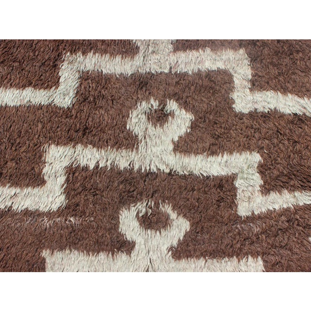 Textile Vintage Mid-Century Modern Turkish Tulu With Tribal Pattern in Ice Blue and Brown Rug For Sale - Image 7 of 13