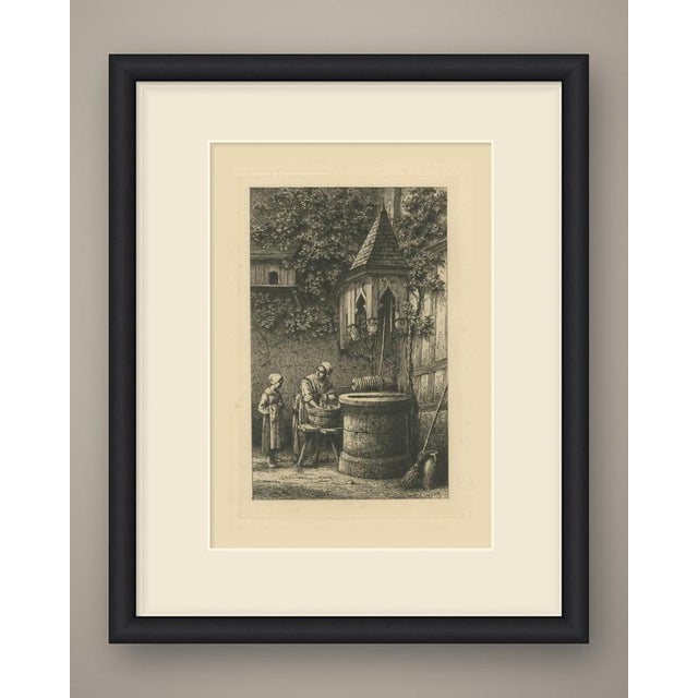 A woman washes linen in a wooden tub set on a low bench beside an old stone well, while a young girl in a white cap stands...