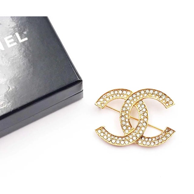Chanel Vintage Classic Gold Plated CC Silver Crystal Brooch