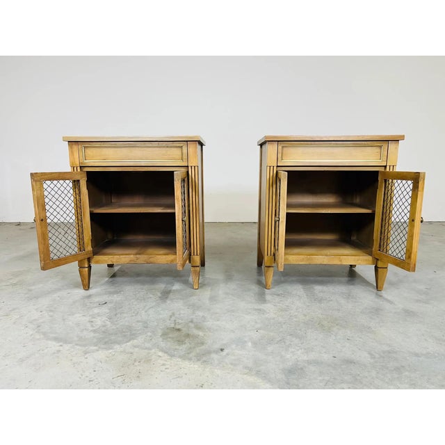 1970s National Furniture Directoire Style Brass Mesh and Beechwood Nightstands For Sale - Image 5 of 10