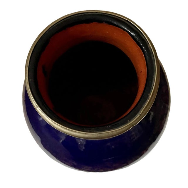 Vtg Moroccan Cobalt Blue Ceramic & Metal Banding Vase Handmade For Sale - Image 4 of 6
