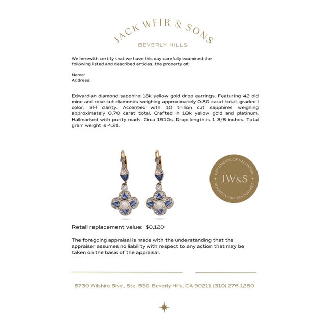 1910's Pair of Edwardian Diamond Sapphire 18k Yellow Gold Drop Earrings For Sale In Los Angeles - Image 6 of 6
