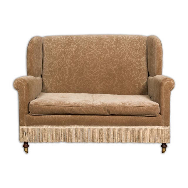 Mid 20th Century Vintage English Upholstered Loveseat with Out-Scrolling Arms and Casters For Sale - Image 5 of 12