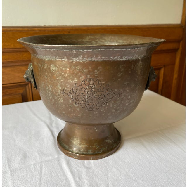 Copper Early 20th Century Antique Etched Copper Lion Head Jardiniere For Sale - Image 8 of 10