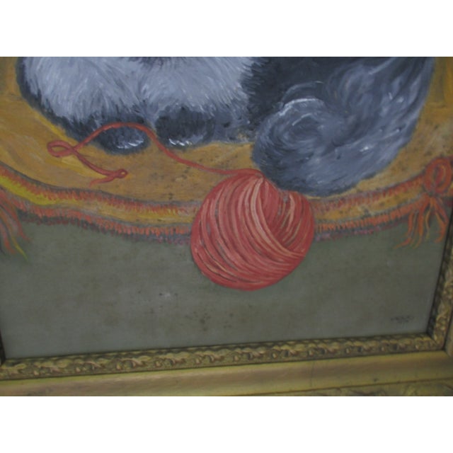 American Vintage Signed Oil on Canvas Board Persian Cat on Pillow in Antique Frame 30x26 For Sale - Image 3 of 12