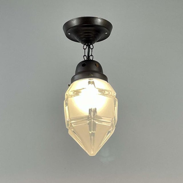 Secessionist Brass Semi Flush Mount in Frosted Glass and Burnished, 1920s For Sale - Image 13 of 14