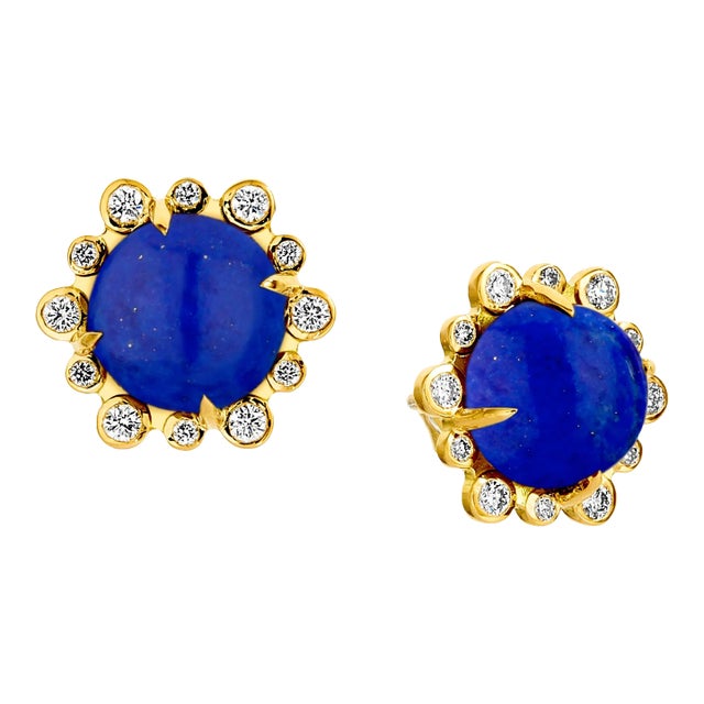 Syna Yellow Gold Lapis Lazuli Earrings with Diamonds, a Pair For Sale