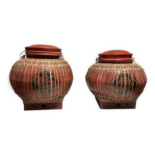Early 20th Century Vintage Asian Paper Mâché Coated Rattan Storage Containers- A Pair For Sale