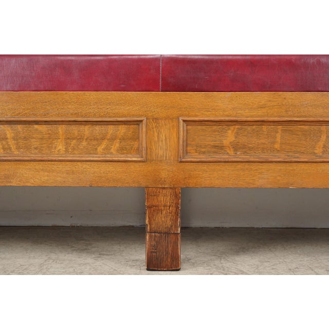 Mid 20th Century Reclaimed Mission 86.125 In. Golden Oak Red Vinyl Bench For Sale In New York - Image 6 of 15