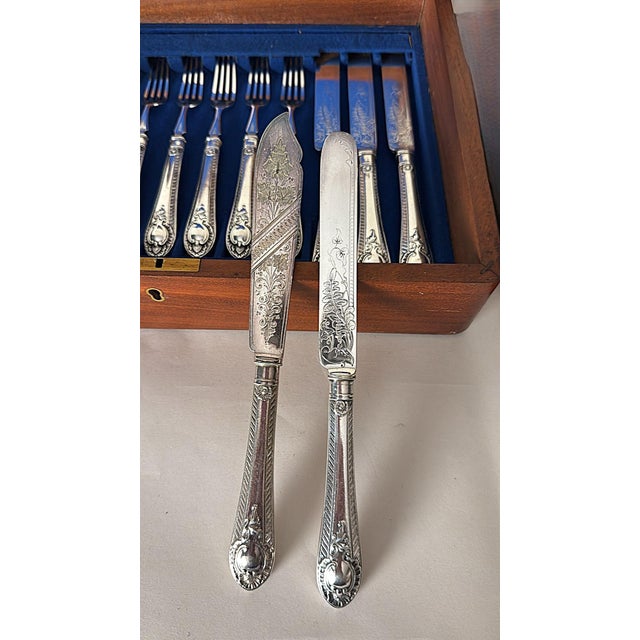 Silver Late 19th Century Victorian English Wooden Box With a Complete Silver-Plated Flatware - 48 pcs For Sale - Image 8 of 18