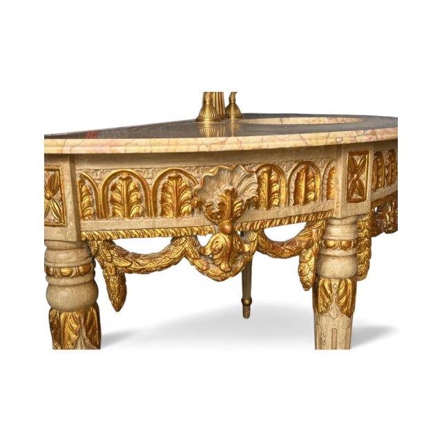 Louis XVI French Marble-Top Vanity With Giltwood Urns, Garlands & Fleur-De-Lis For Sale - Image 4 of 10