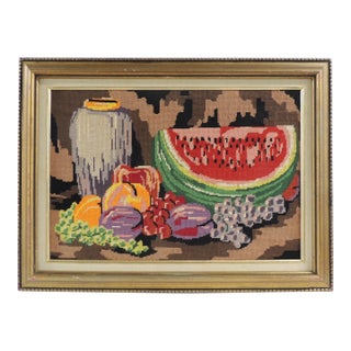 Vintage Brown & Red Framed Tapestry Still Life of Fruits For Sale