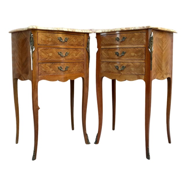 Mid 20th Century Bedside Tables in French Walnut with Marquetry & Marble Top, Set of 2 For Sale