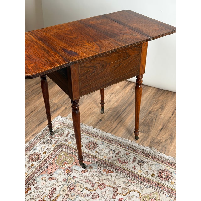 English Regency Rosewood Two-Drawer Drop-Leaf Work Table With Brass and Satinwood Inlay, Circa 1820–1840 For Sale - Image 11 of 11