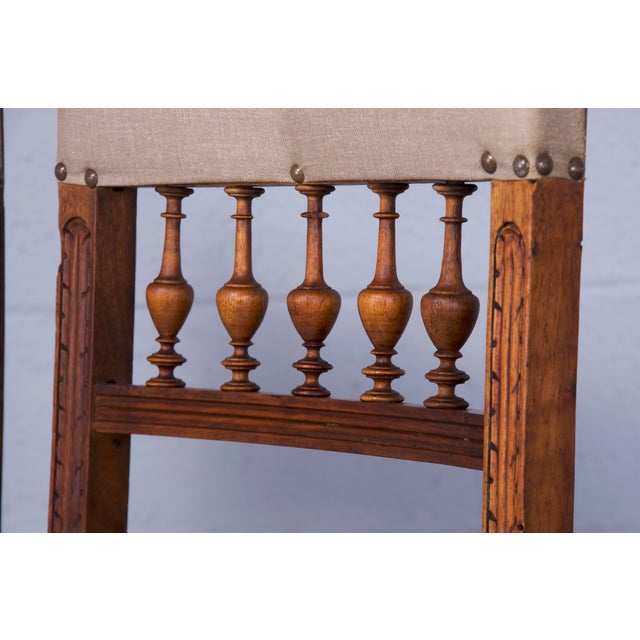 Wood Antique French Renaissance Henry II Style Walnut Dining Chairs W/ Linen Fabric - Set of 6 For Sale - Image 7 of 13
