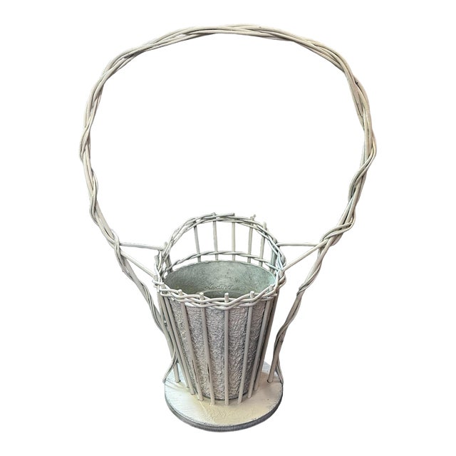 1930s Vintage Victorian White Wicker Wedding Antique Flower Basket, Hand Woven For Sale