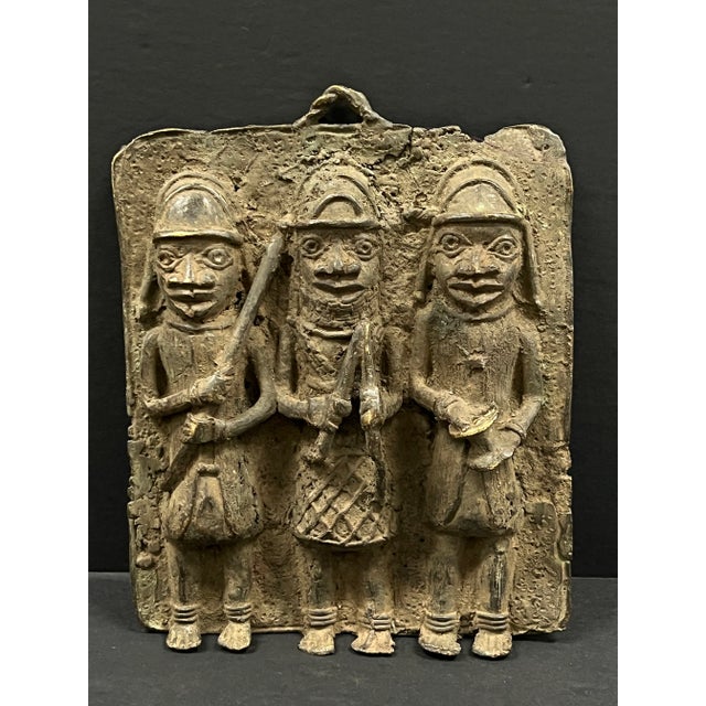 Vintage African Tribal Art Benin Bronze Plaque For Sale - Image 4 of 10