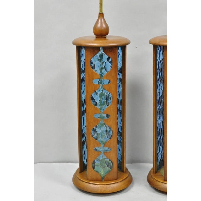 Mid-Century Modern Vintage Modeline Mid Century Modern Walnut & Blue Stained Glass Table Lamps Pair For Sale - Image 3 of 14