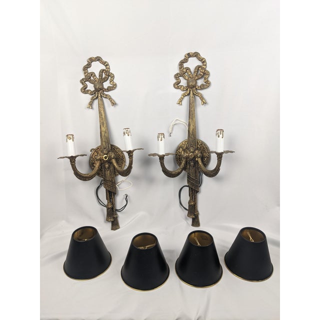 Vintage Ornate Gold-Tone Two-Light Wall Sconces With Shades - Pair For Sale - Image 10 of 18