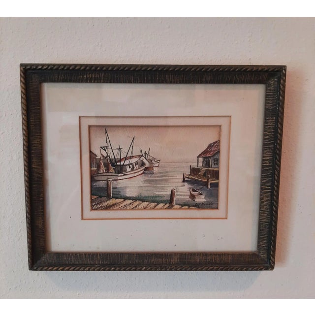 Vintage Framed Watercolor Boats Dock Painting Signed For Sale In Fayetteville, AR - Image 6 of 6