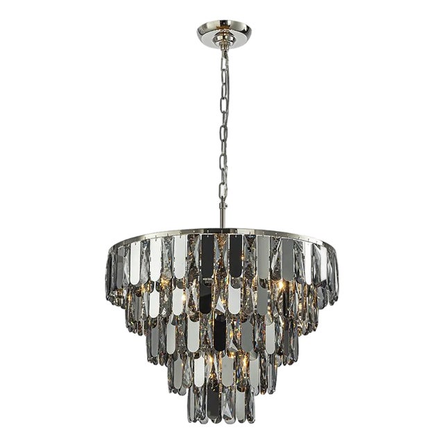 Aloadecor 6-Light Dimmable 5-Tier Smoked Crystal Chandelier 22" Modern Pendant Light Fixture With Polished Nickel Finish and Stainless Steel Accents For Sale