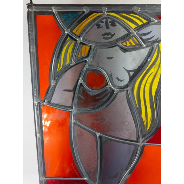 1960's Mid-Century Stained Glass Window Panel of a Figure, Signed For Sale - Image 4 of 16