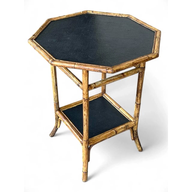 Vintage Coastal Bamboo Octagonal End Table With Black Inset Shelves For Sale - Image 11 of 18