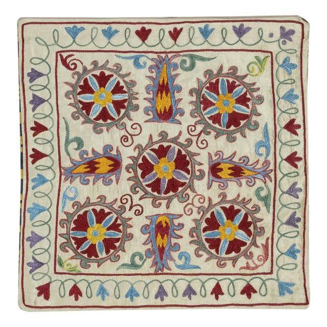 19"x19" Silk Embroidery Cushion Cover. Ikat Lace Pillow. Multicolor Toss Pillow For Sale