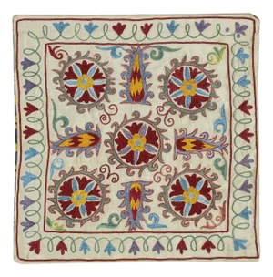 19"x19" Silk Embroidery Cushion Cover. Ikat Lace Pillow. Multicolor Toss Pillow