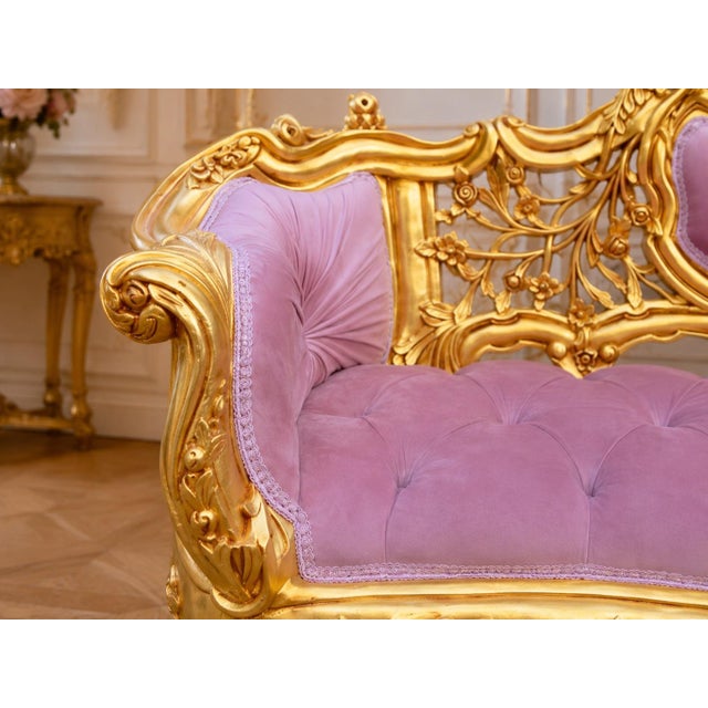 French Late 20c Artisan Louis XVI Gold Rose Beech Settee For Sale - Image 3 of 9