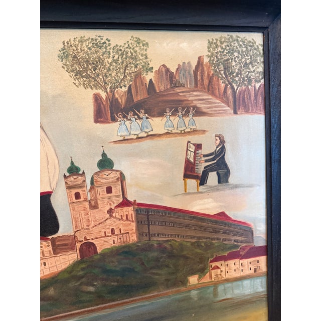 Black Vintage Folk Art Oil Painting, Violinist and Dancer With Les Sylphides Ballet Scene, Framed For Sale - Image 8 of 14