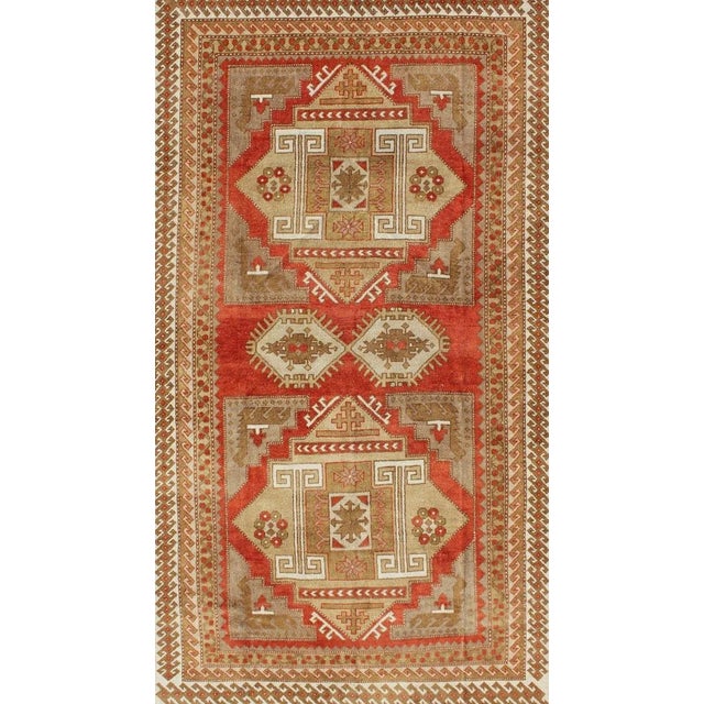 Tribal Geometric Design Vintage Hand Knotted Turkish Oushak Rug in Mid-Century Modern Soft Red and Green For Sale - Image 3 of 13